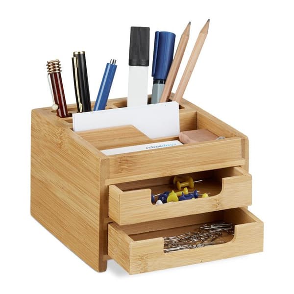 Relaxdays Bamboo Skrivbord Organizer Skrivbordsdispenser Pennhållare 2 lådor HxBxD: 9,5 x 12,5 x 15 cm, Natural