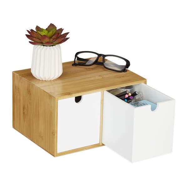 Relaxdays Kontorsorganisatör, 2 lådor, bambu & MDF, förvaringslåda, ordning, H x B x D 14,5 x 24,5 x 20 cm, vit