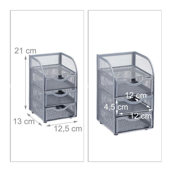 Relaxdays skrivbordsoorganisatör 3 lådor metall kontorsmaterial pennor verktyg HxlxB: 21x12,5x13 cm, silver