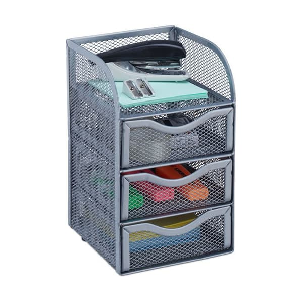 Relaxdays skrivbordsoorganisatör 3 lådor metall kontorsmaterial pennor verktyg HxlxB: 21x12,5x13 cm, silver