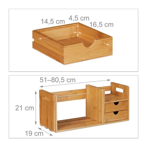 Relaxdays Desk Organizer, Bambu Organizer, Bokhylla, 2 lådor, Tillbehör, HLP 21x80,5x19 cm, Nature