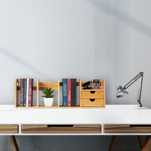 Relaxdays Desk Organizer, Bambu Organizer, Bokhylla, 2 lådor, Tillbehör, HLP 21x80,5x19 cm, Nature