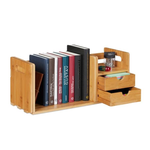 Relaxdays Desk Organizer, Bambu Organizer, Bokhylla, 2 lådor, Tillbehör, HLP 21x80,5x19 cm, Nature