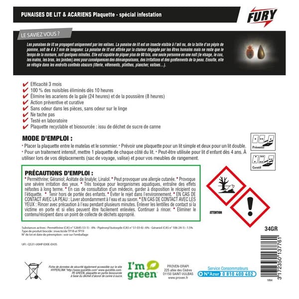 FURY - Vägglöss &amp; dammkvalster - Förebyggande och botande - Återvinningsbar - Luktfri - 34gr - Tillverkad i Frankrike