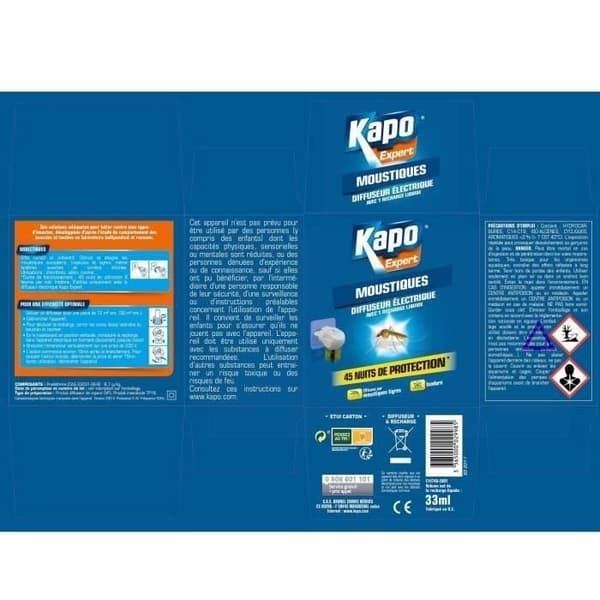 Expert långvarig elektrisk antimyggdiffusor + 1 refill - KAPO - Eliminerar europeiska, tropiska och tigermyggor