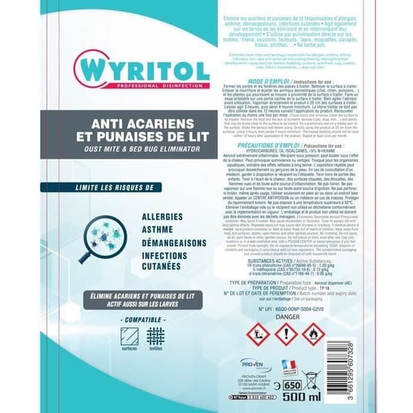 WYRITOL - Anti kvalster och sänglöss - Förebyggande och kurativ behandling - Ytor &amp; textilier - 500ML - Fransk tillverkning