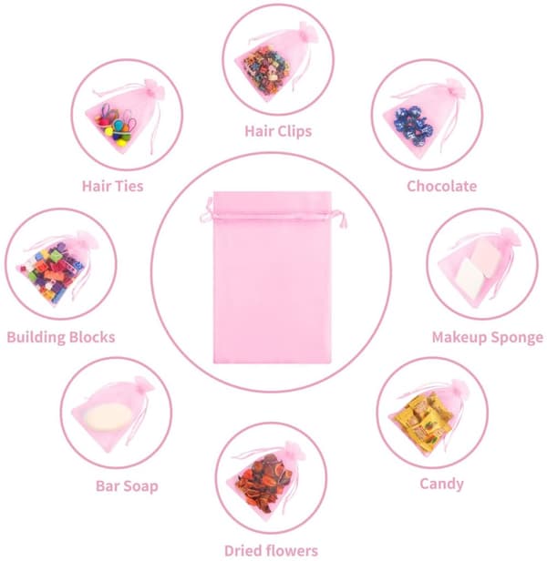 INF 50 Pack elegantti vaaleanpunainen organza kiristysnauha laukkuja - koruja ja lahjoja (7x9cm) Vaaleanpunainen