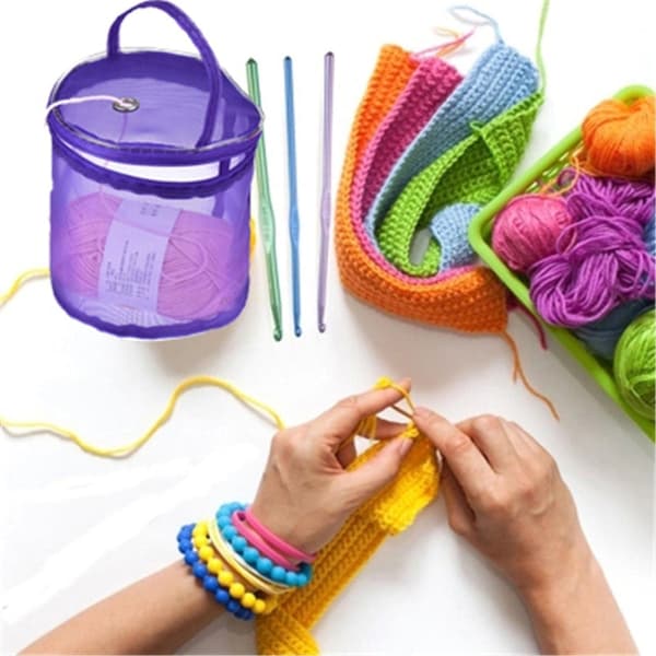 Mesh Bag DIY Hand Weaving Tools Yarn Storage Knitting Bag Organizer Hollow Yarn Bag(Small Beige)