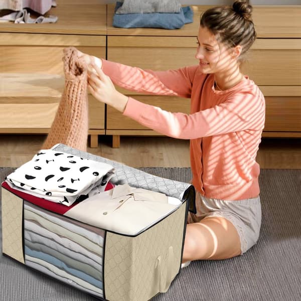Paket med 4 90L stora förvaringspåsar, hopfällbar underbäddsklädförvaring, underbäddsförvaringsväskor, beige