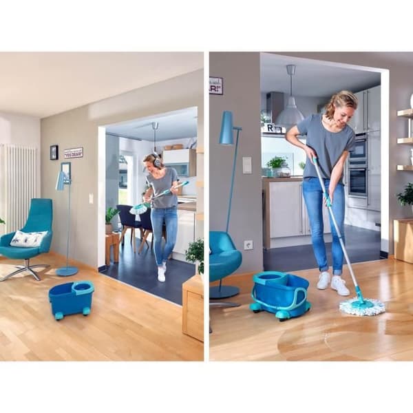 Set mopp med vridbar hink med hjul Leifheit Clean Twist Disc Mop 52102, mopphuvud med fransar, 6 L mobil hink