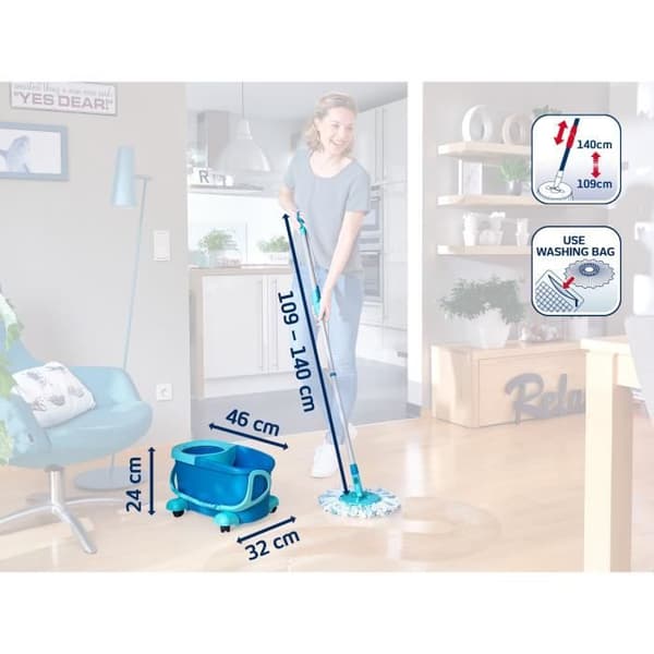 Set mopp med vridbar hink med hjul Leifheit Clean Twist Disc Mop 52102, mopphuvud med fransar, 6 L mobil hink