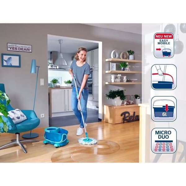 Set mopp med vridbar hink med hjul Leifheit Clean Twist Disc Mop 52102, mopphuvud med fransar, 6 L mobil hink