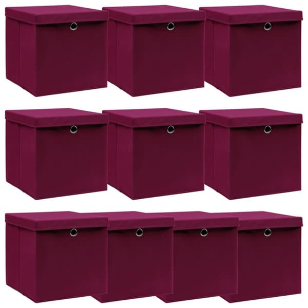 Förvaringslådor med lock 10 st mörkröd 32x32x32 cm tyg