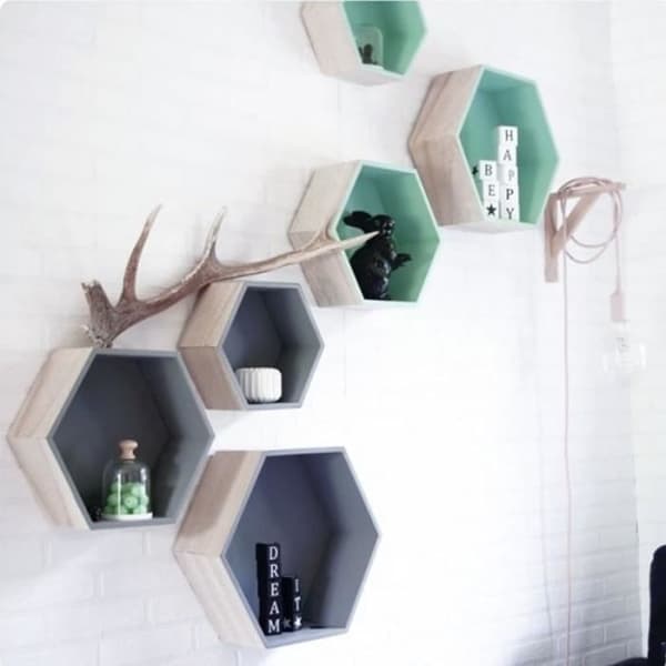 Set med 3 sexkantiga hyllor - Naturligt trä - Modernt - Design - Vardagsrum - Vuxen