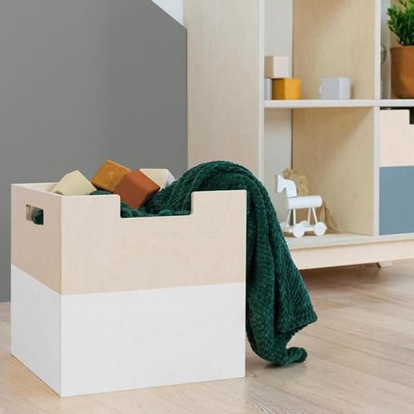 Träförvaringslåda - Benlemi - Modell 2 - Vit och naturlig träfärg - 33 x 33 x 37 cm