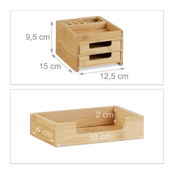 Relaxdays Bamboo Skrivbord Organizer Skrivbordsdispenser Pennhållare 2 lådor HxBxD: 9,5 x 12,5 x 15 cm, Natural