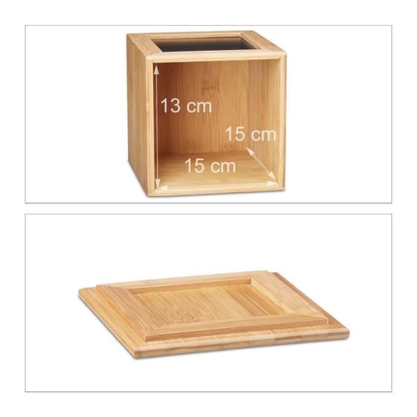 Relaxdays Förvaringslåda i bambu med lock och griffeltavla för att skriva köksleksaker HxlxB: 17 x 15,5 x 15,5 cm, natur