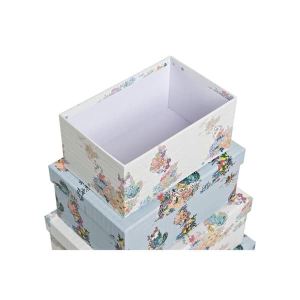 Set med stapelbara förvaringslådor DKD Home Decor Blå Vit Virágok Papp (43,5 x 33,5 x 15,5 cm)