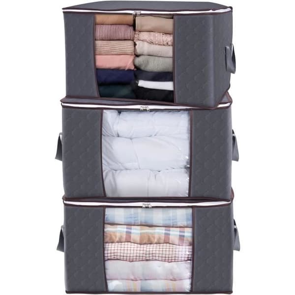 Set med 3 non-woven förvaringsväska, förvaringsväska Täcken Filtar Kuddar Leksaker Kläder, Grå, 60 x 40 x 35 cm