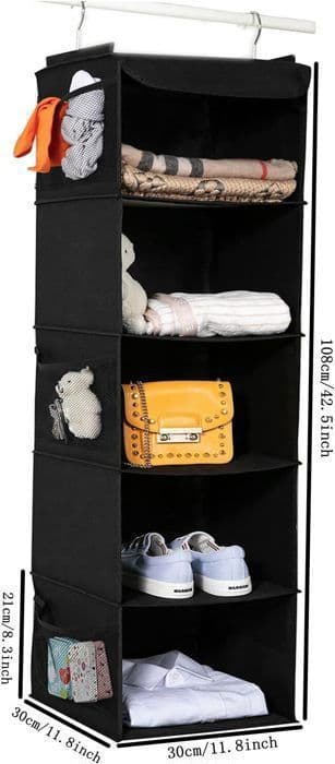 Vikbar hänghylla - Svart - 30X30X108cm - 5 fack - 6 sidofickor - Non-Woven Tyg