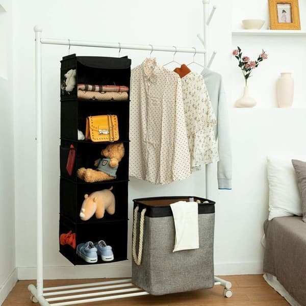 Vikbar hänghylla - Svart - 30X30X108cm - 5 fack - 6 sidofickor - Non-Woven Tyg