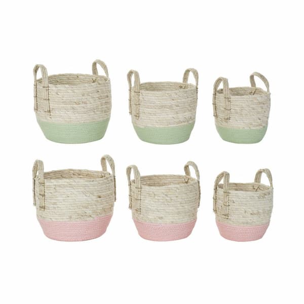 Kurvesæt DKD Home Decor Natur Pink Grøn Naturlig fiber 30 x 30 x 32 cm Boho (2 enheder)