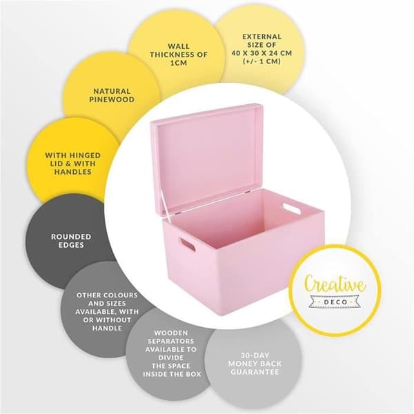 Creative Deco XXL Rosa förvaringslåda i trä | 40 x 30 x 24 cm | med lock och handtag