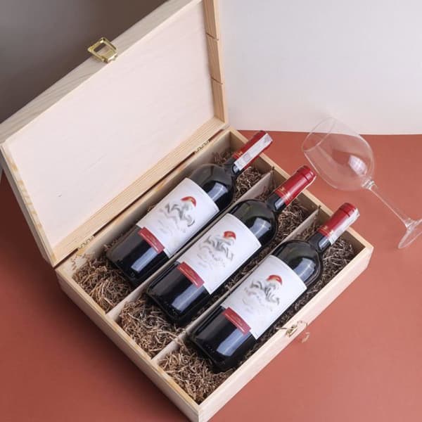 Presentförpackning för vinlåda i trä - Förvaringslåda - 3 flaskor - 35 x 30 x 10 cm - Omålad låda - Bröst med lock