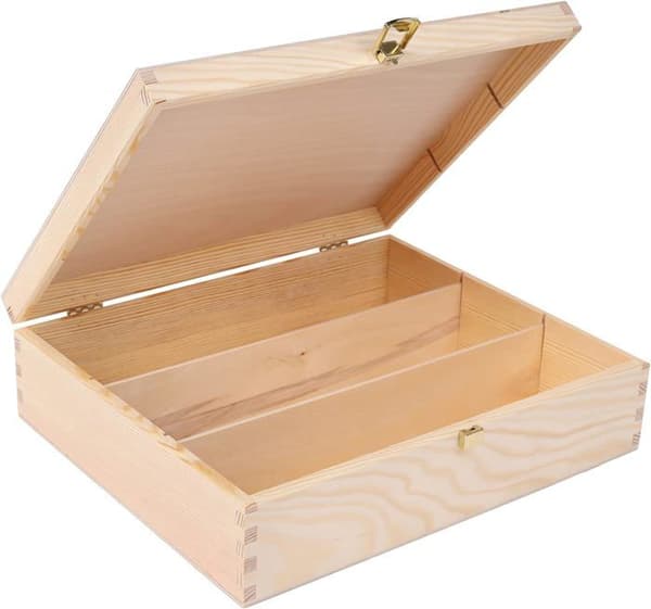 Presentförpackning för vinlåda i trä - Förvaringslåda - 3 flaskor - 35 x 30 x 10 cm - Omålad låda - Bröst med lock