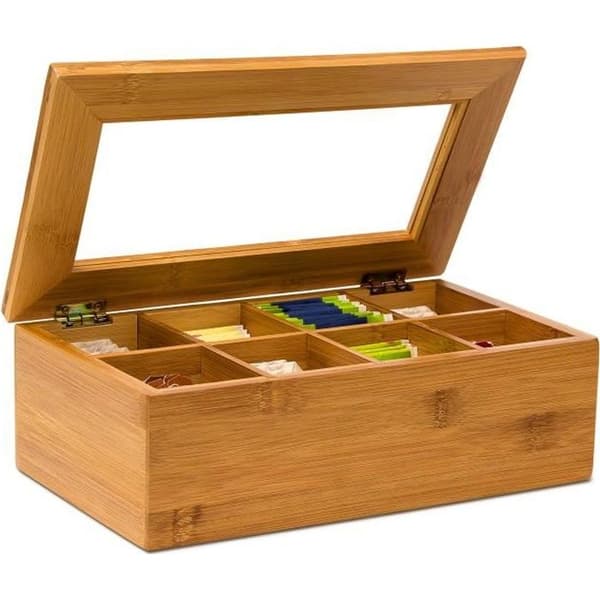 Relaxdays Teaskrin i bambu 8 fackor Förpackning för tepåsar och löste blommor 9 x 28 x 16 cm Transparent fönster, natur