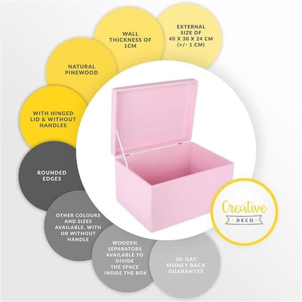 Creative Deco XXL Rosa förvaringslåda i trä - 40 x 30 x 24 cm - med lock