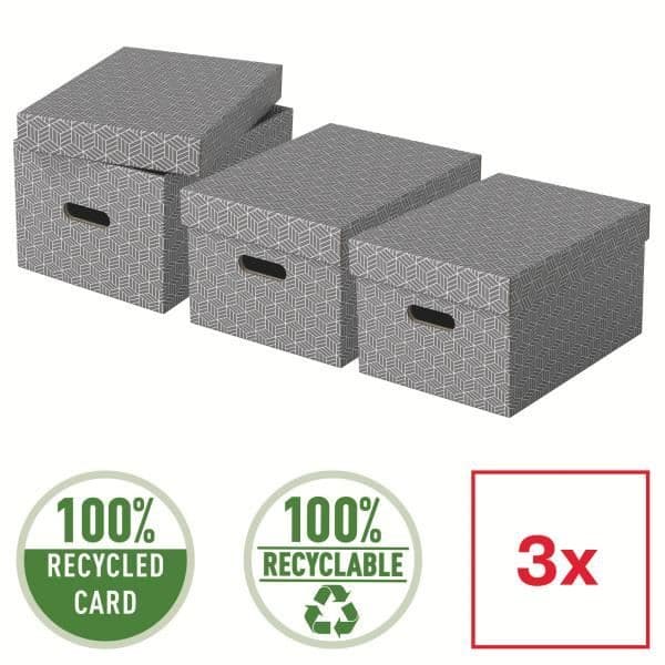 Förvaringslådor - ESSELTE - Format M - 3-pack - Återvunnet kartong - Grå