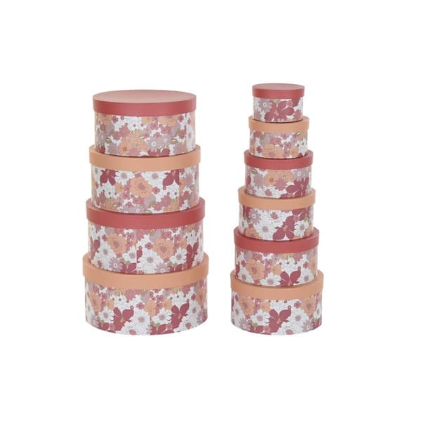 Set med stapelbara förvaringslådor DKD Home Decor Virágok Ränder Fuchsia Vit Persika Papp (37,5 x 37,5 x 18 cm)