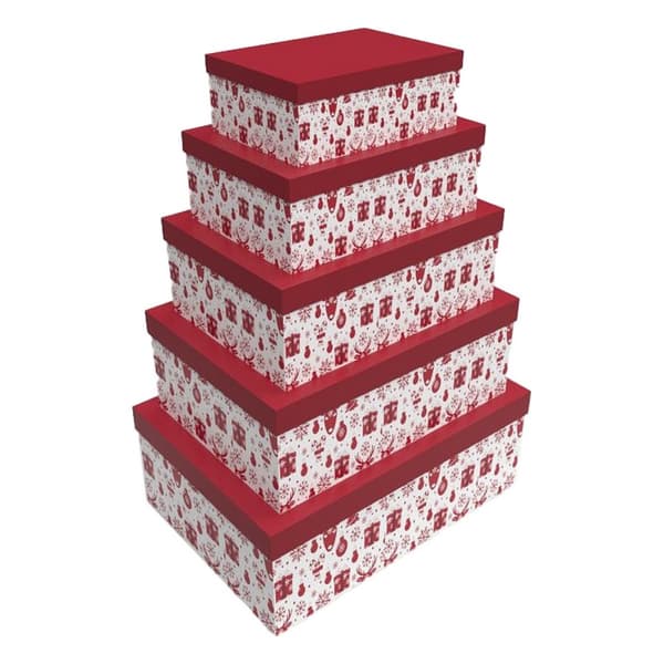 Sæt med æsker, som kan stables DKD Home Decor Hvid Rød Pap Rensdyr 50 x 35 x 25 cm (5 enheder)