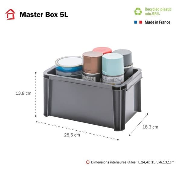 Set om 6 robusta och förstärka plastlådor 5L MASTER BOX - grå