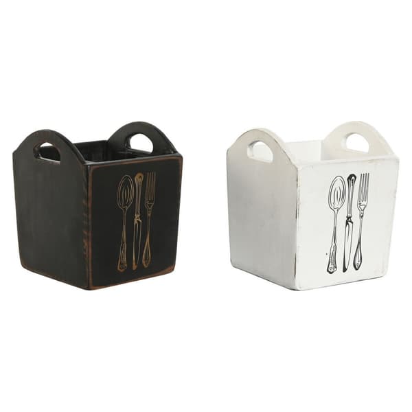Bestikskurv Home ESPRIT Hvid Sort Gran 15 x 15 x 18 cm