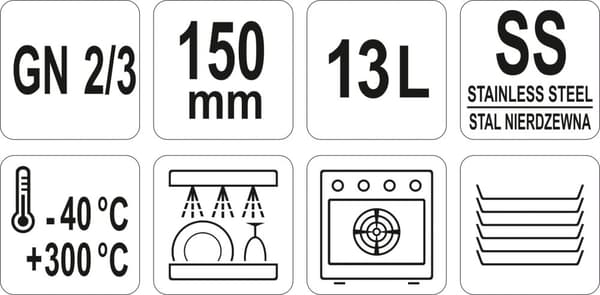 Ruostumattomasta teräksestä valmistettu gastronominen astia GN 2/3 150