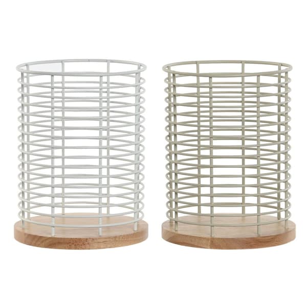 Bestickkorg Home ESPRIT Beige Grå Naturell Metall Gummiträ 13,5 x 13,5 x 17 cm (2 antal)
