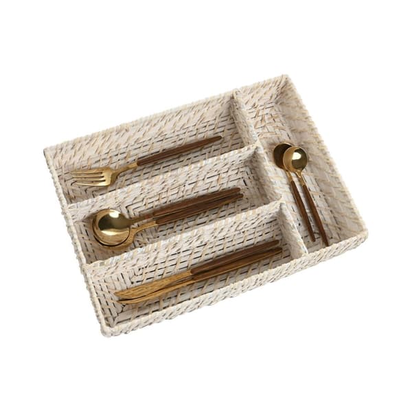 Besticks-sortering Home ESPRIT Vit Naturell Bambu 34 x 24 x 6 cm
