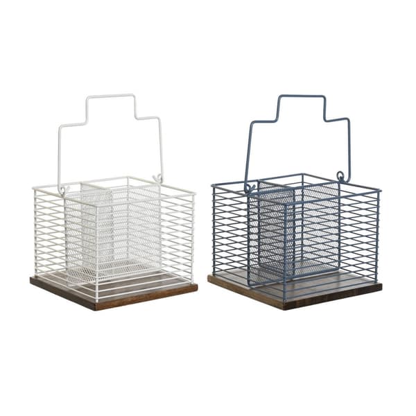 Bestickkorg DKD Home Decor Blå Vit Metall Gummiträ 18 x 18 x 15 cm (2 antal)