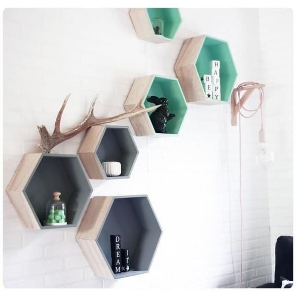 Set med 3 sexkantiga hyllor - Naturligt trä - Modernt - Design - Vardagsrum - Vuxen