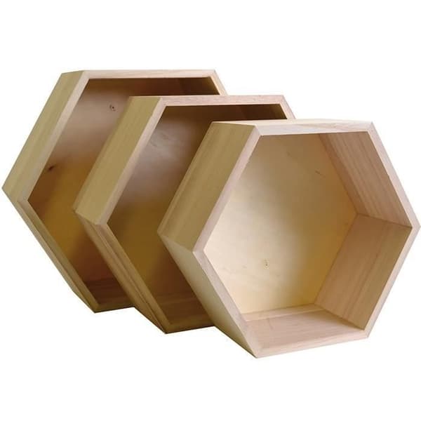 Set med 3 sexkantiga hyllor - Naturligt trä - Modernt - Design - Vardagsrum - Vuxen