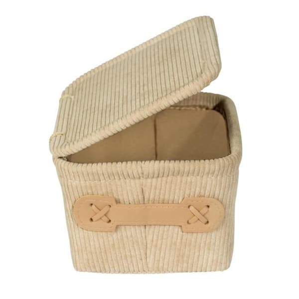 WENKO förvaringskorg med lock ALENA, förvaringslåda i sammet, behållare för badrum, kontor, 19 x 10 x 14 cm, beige