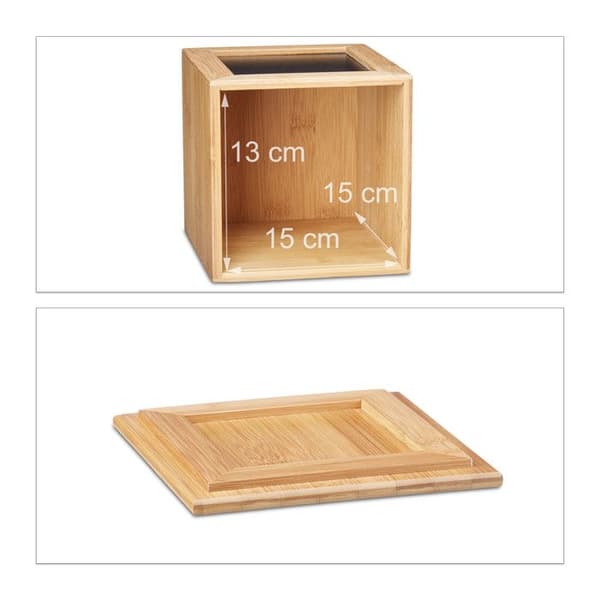 Relaxdays Förvaringslåda i bambu med lock och griffeltavla för att skriva köksleksaker HxlxB: 17 x 15,5 x 15,5 cm, natur