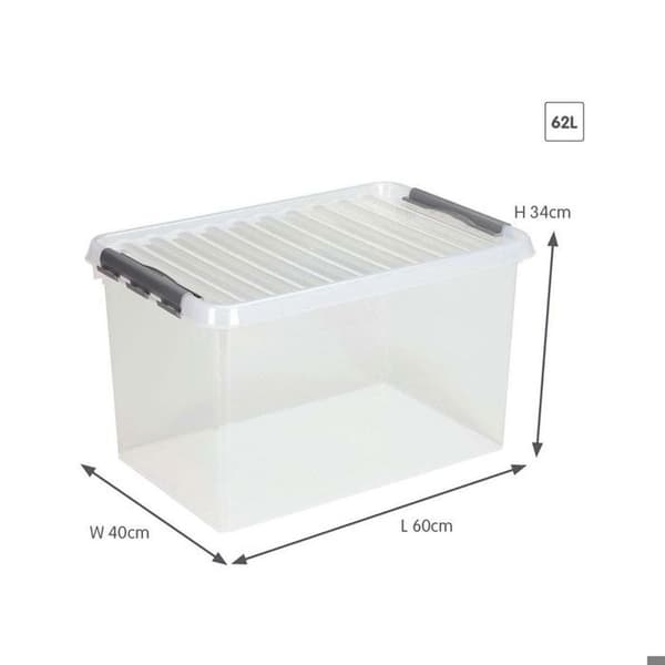 Transparent plastlåda (H)340x(L)600x(B)400mm grå stängning (SUNWARE QLINE Box 62L)