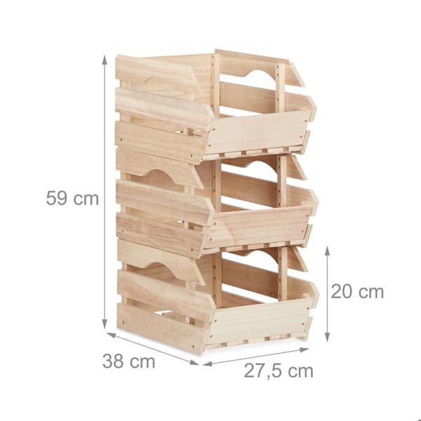 Relaxdays Stapelbar förvaringslåda för träbackar Natur Set med 3 lådor HxBxD: 20 x 27,5 x 38 cm, Nature