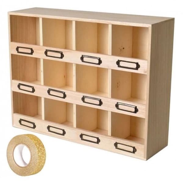 Förvaringslåda - Ej specificerad - 12 fack - Ljus trä - 39,5 x 29,5 x 22 cm - Guldmaskeringstejp