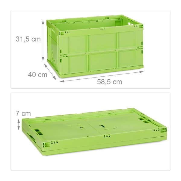 Relaxdays Fällbart lådlock plastförvaringslåda transportlåda 60 liter 31,5 x 58,5 x 40 cm, grön