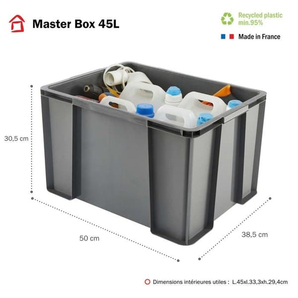 Paket med 3 robusta och förstärkta plastförvaringslådor 45L MASTER BOX - grå