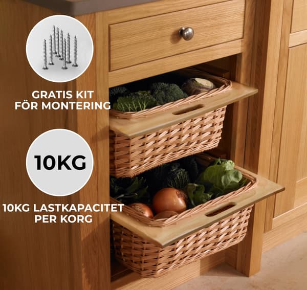 Utdragbar flätad korg för köksförvaring + 500mm skenor i furu trä | MonsterShop